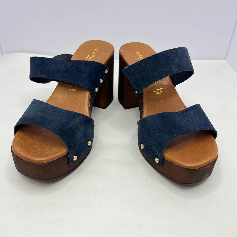 Blue Suede Platform Clog Sandals Women 6.5 Studded Wood Block Heel Boho Festival